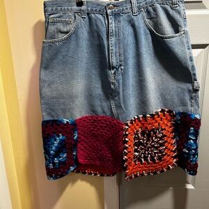 Customized carpenter skirt with granny squares.